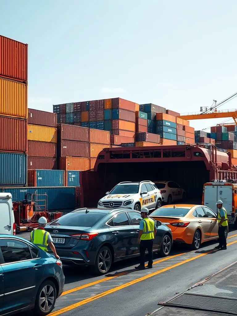 A high-resolution image of a shipping container at a port, with several cars being carefully loaded by workers, representing seamless international vehicle logistics for automotive businesses.