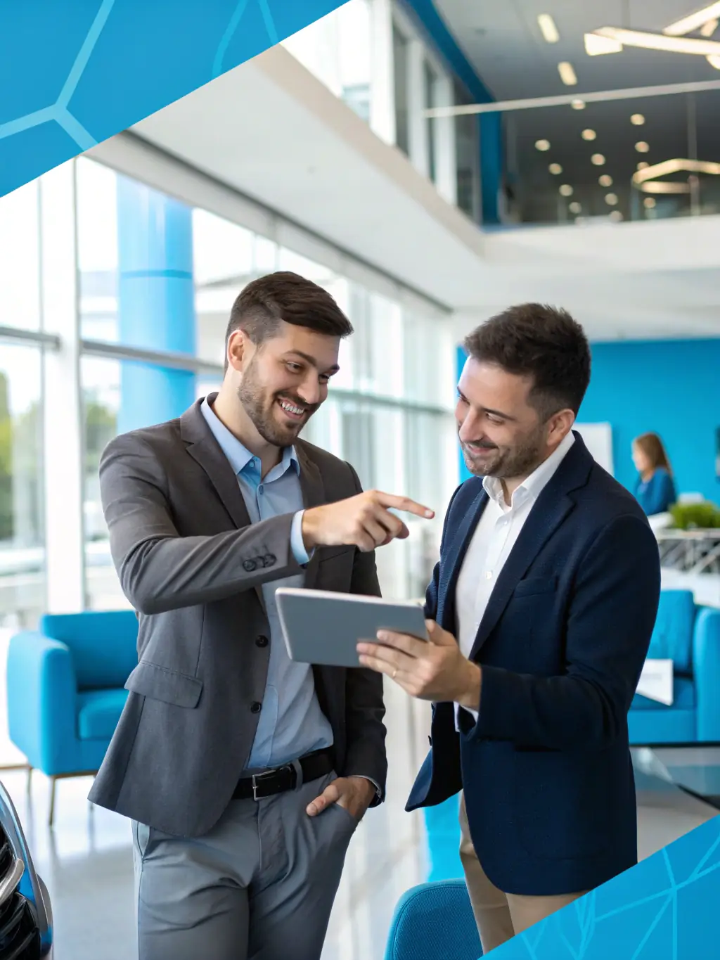 A consultant demonstrating automated workflow software on a tablet to a dealership manager, with icons representing efficiency and digital transformation in the background.