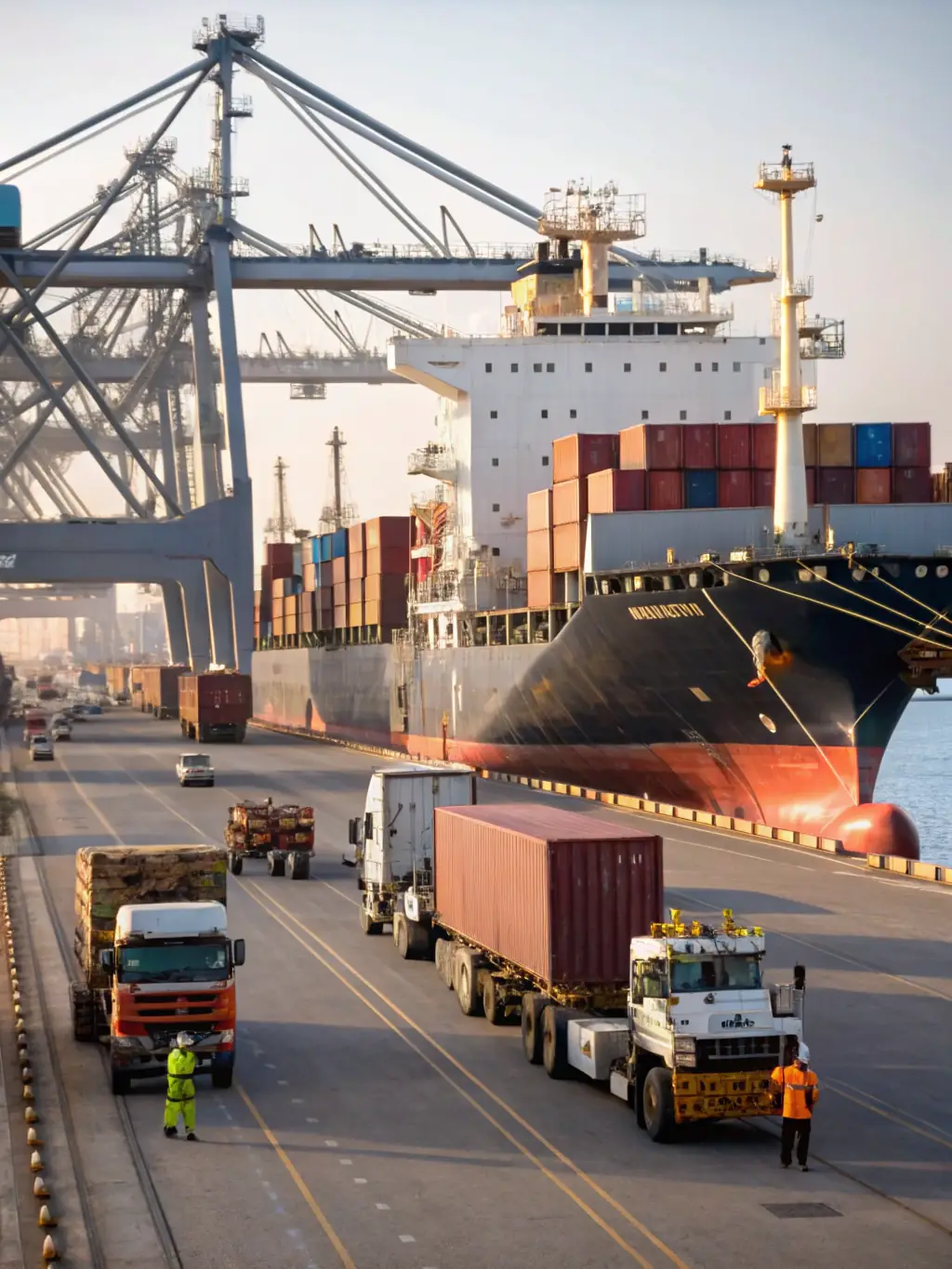 A high-resolution image of a shipping container at a port, with several cars being carefully loaded by workers, representing international vehicle logistics for automotive businesses.