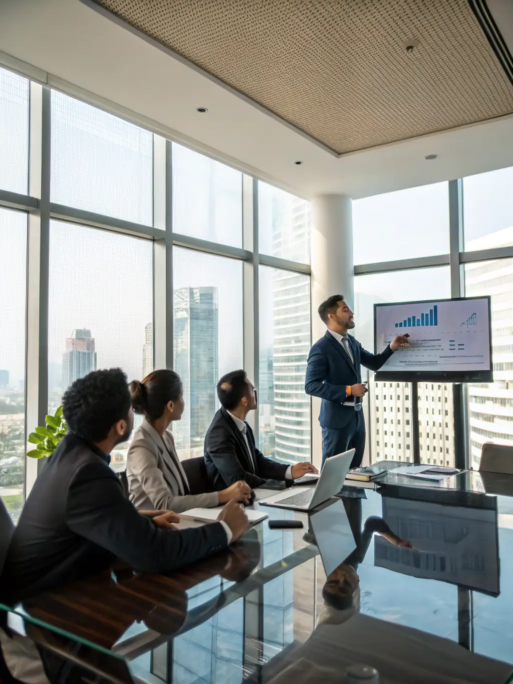 A professional consultant presenting a strategic growth plan to executives in a sleek, glass-walled boardroom, symbolizing expert business advisory.
