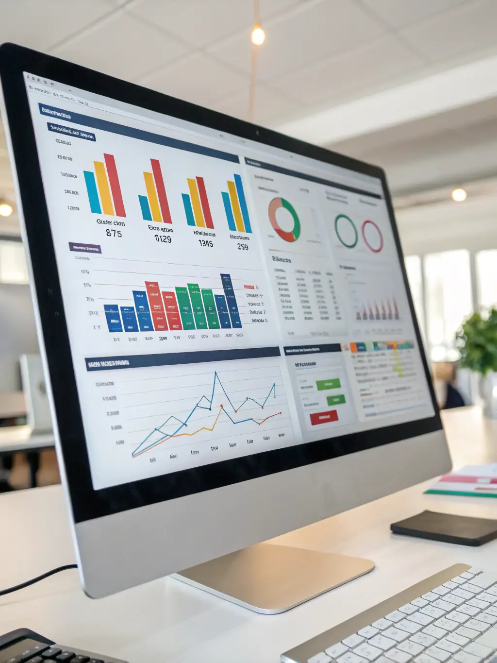 A digital dashboard on a computer screen displaying automated workflow charts and real-time analytics, representing advanced business process automation.