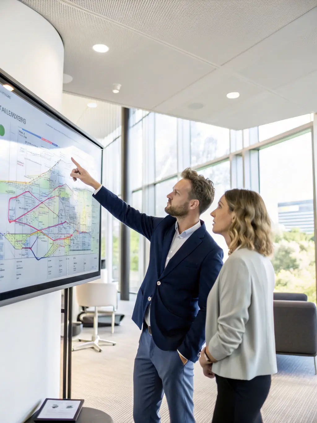 A business advisor reviewing strategic plans with a client in a modern office, with automotive industry charts and growth projections displayed on a screen.