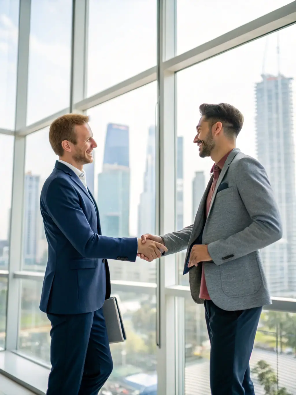 A professional consultant shaking hands with a client in front of a row of imported vehicles at a shipping port, emphasizing international automotive trade and logistics expertise.