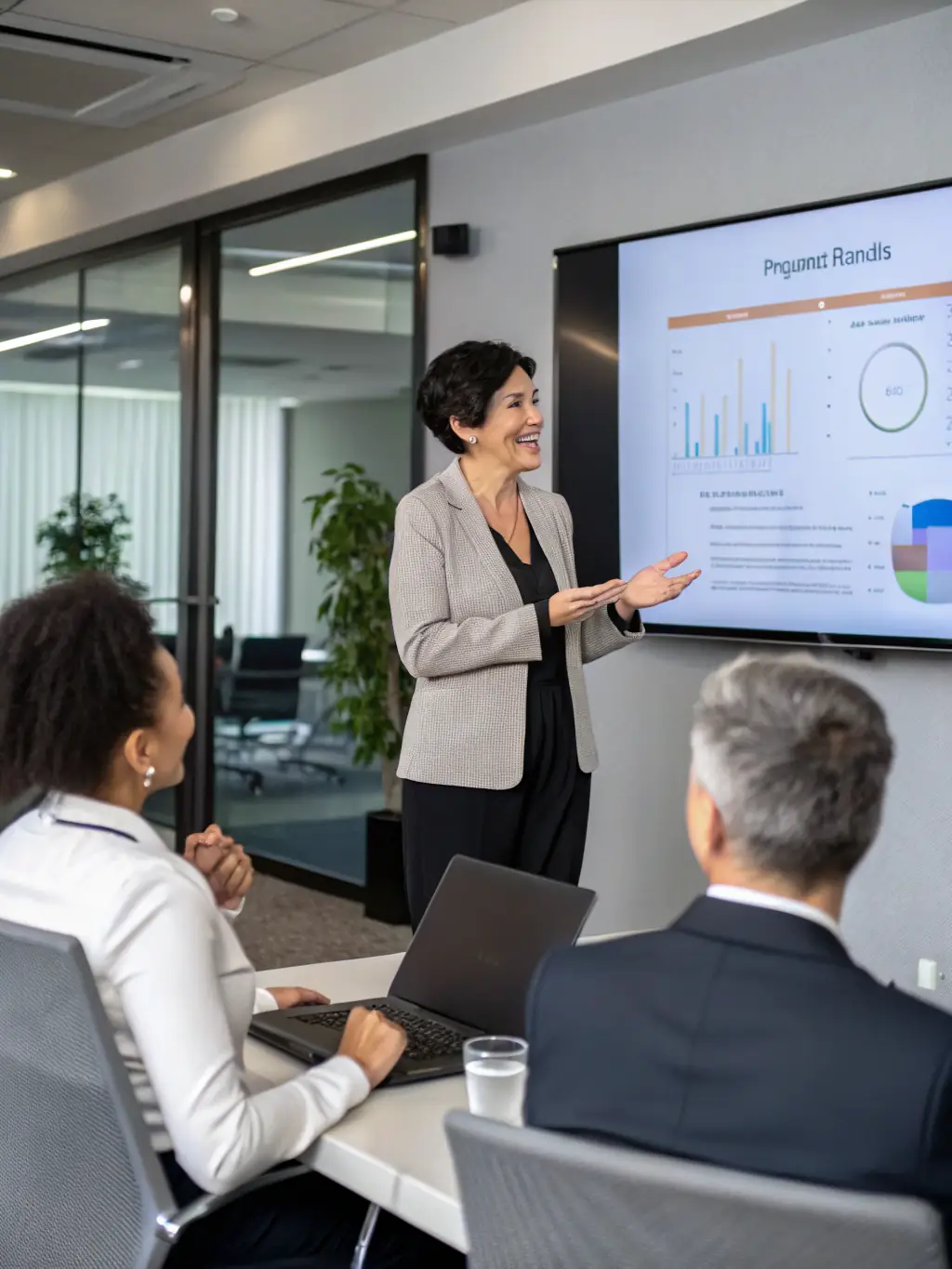 A professional consultant presenting a strategic business plan to executives in a sleek, glass-walled conference room, symbolizing high-level advisory services.