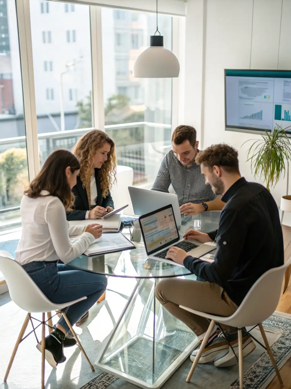 A modern office scene with a diverse marketing team analyzing automotive advertising campaigns on large digital screens, highlighting data-driven marketing strategies.