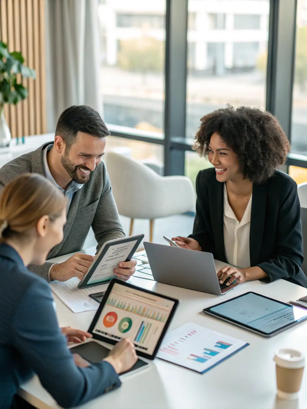 A modern office scene with a diverse marketing team reviewing automotive ad campaigns on large digital screens, highlighting data-driven marketing strategies.